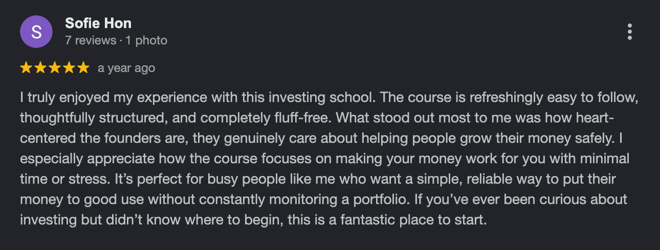5-star Google review by Sofie Hon: refreshingly easy to follow, thoughtfully structured, and completely fluff-free. Perfect for busy people.